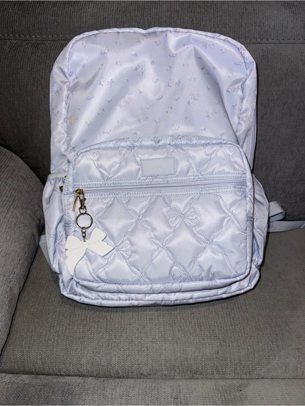 LoveShackFancy White Quilted Backpack with Bow Charm Keyring